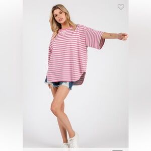 544. Striped short wide sleeve oversized knit top in pink and teal